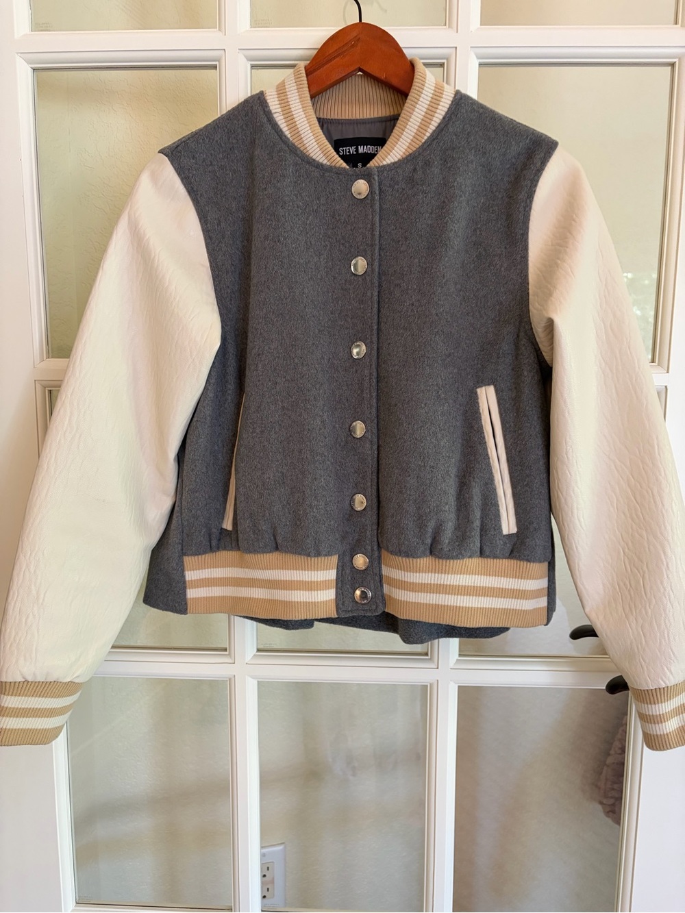 Steve Madden Womens Gray & Cream Varsity Jacket